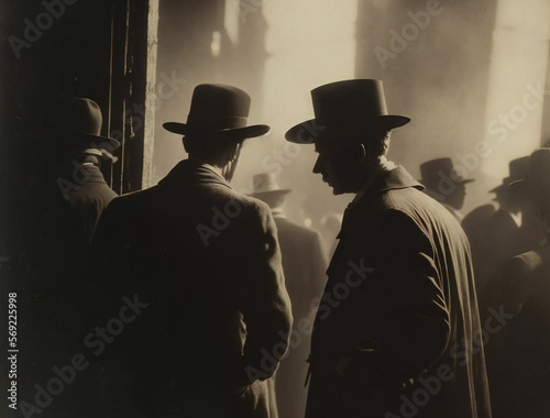 Two gentlemen talking. Year about 1900, sepia picture. Fictional characters. Created with Generative AI technology.