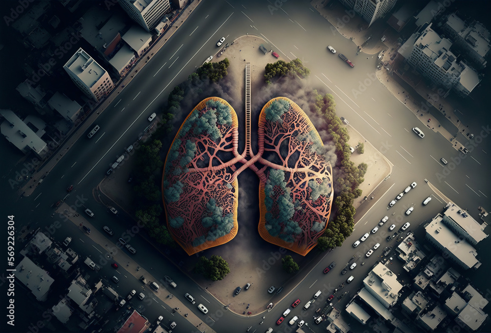 Unhealthy lungs breathing smoke and pollution from an urban city ...