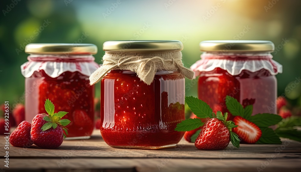 still life style close up picture of strawberry fruit jam glass jars in pure green nature atmosphere with sunlight, idea for organic food background wallpaper, Generative Ai still life style close up picture of strawberry fruit jam glass jars in pure green nature atmosphere with sunlight, idea for organic food background wallpaper, Generative Ai