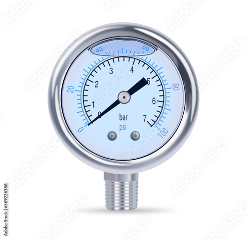 Pressure gauge with air bubble, realistic chrome and metal, vector illustration 

