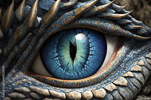 Eye of the dragon. Dragon eye ball abstract blue scales close up, gothic style masterpiece. Year of the dragon 2024. Image created with generative ai. photo