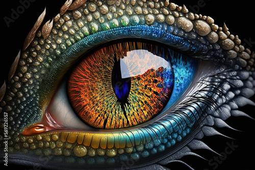 Eye of the dragon. Dragon eye ball abstract rainbow scales close up, gothic style masterpiece. Year of the dragon 2024. Image created with generative ai.