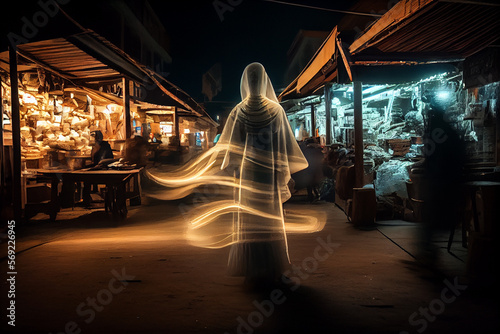 luminous ghost and people shopping at night market fair, blur background with bokeh