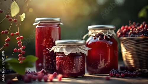still life style close up picture of lingonberry jam glass jars in pure green nature atmosphere with sunlight, idea for organic food background wallpaper, Generative Ai