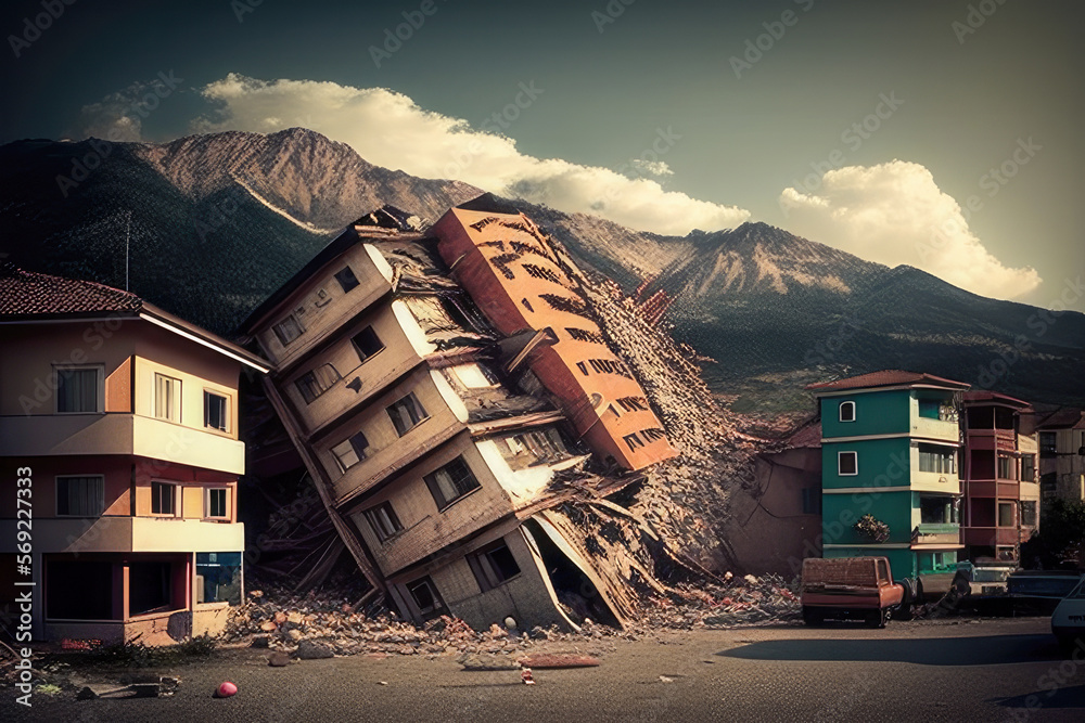 A earthquake has destroyed homes in a city, debris on the ground - Generative AI - obrazy, fototapety, plakaty 