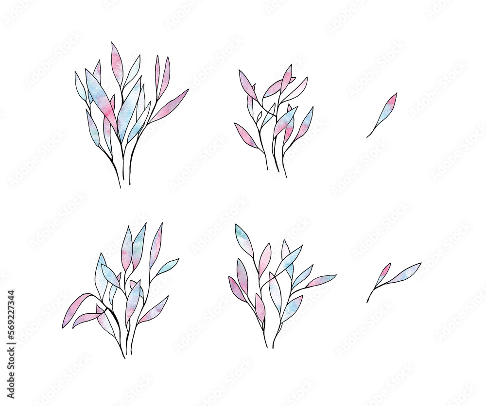 Blue and pink foliage set watercolor painting - hand drawn plant isolated on white background