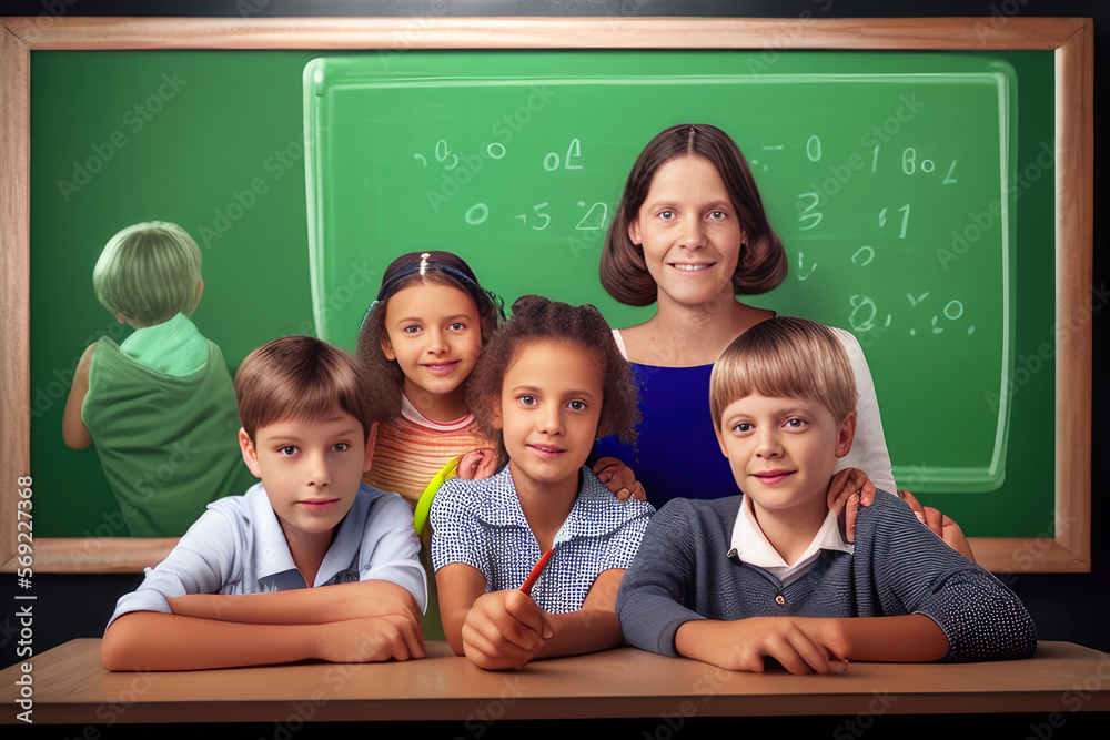 A teacher embraces four children of her classroom, green blackboard on the background - Generative AI A teacher embraces four children of her classroom, green blackboard on the background - Generative AI