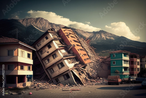 A earthquake has destroyed homes in a city, debris on the ground - Generative AI photo