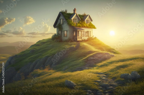 Lonely house on top of a green hill. Beautiful morning lighting, idyllic landscape. Fictional. Created with Generative AI technology.