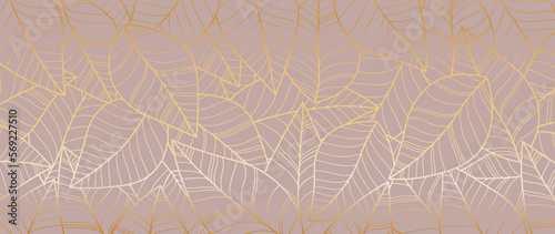 Luxury botanical vector wallpaper design with golden tree leaves and pink background. Line drawing hand drawn leaf design for fabric, print, background, print.