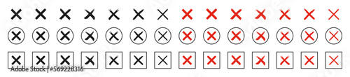 Red cross icon set. Letter X and brush mark icon. Wrong sign, no wrong sign.