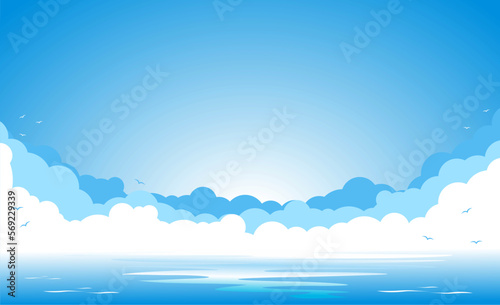Blue sky with clouds and silhouettes of seagulls over blue sea. Copy space for you text. Vector template background for advertising flayer or web header