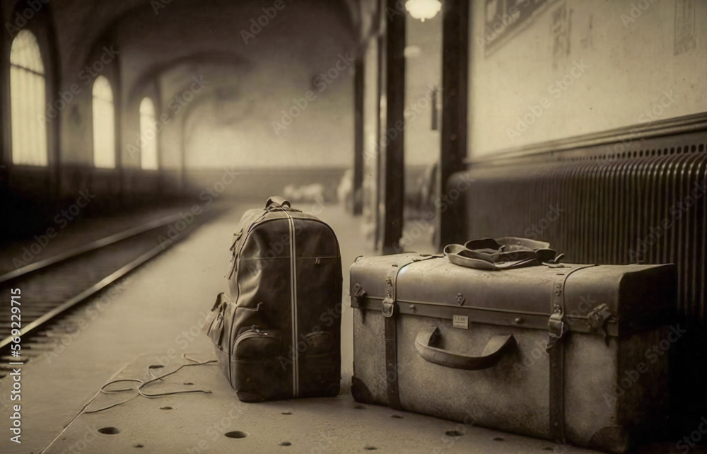 Illustration of two aged suitcases left in an empty old train station. Created with Generative AI technology.
