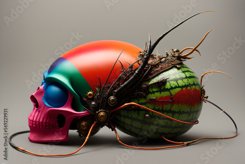 Dark fantasy creepy but cute chimera, painted human skull mixed with watermelon and some insects, AI generated photo