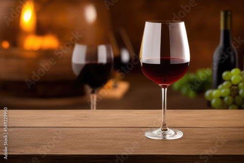 Elegant Wine Glass on a Rustic Wooden Table with a Stunning Winery Background - Perfect for Wine and Dining Inspired Designs