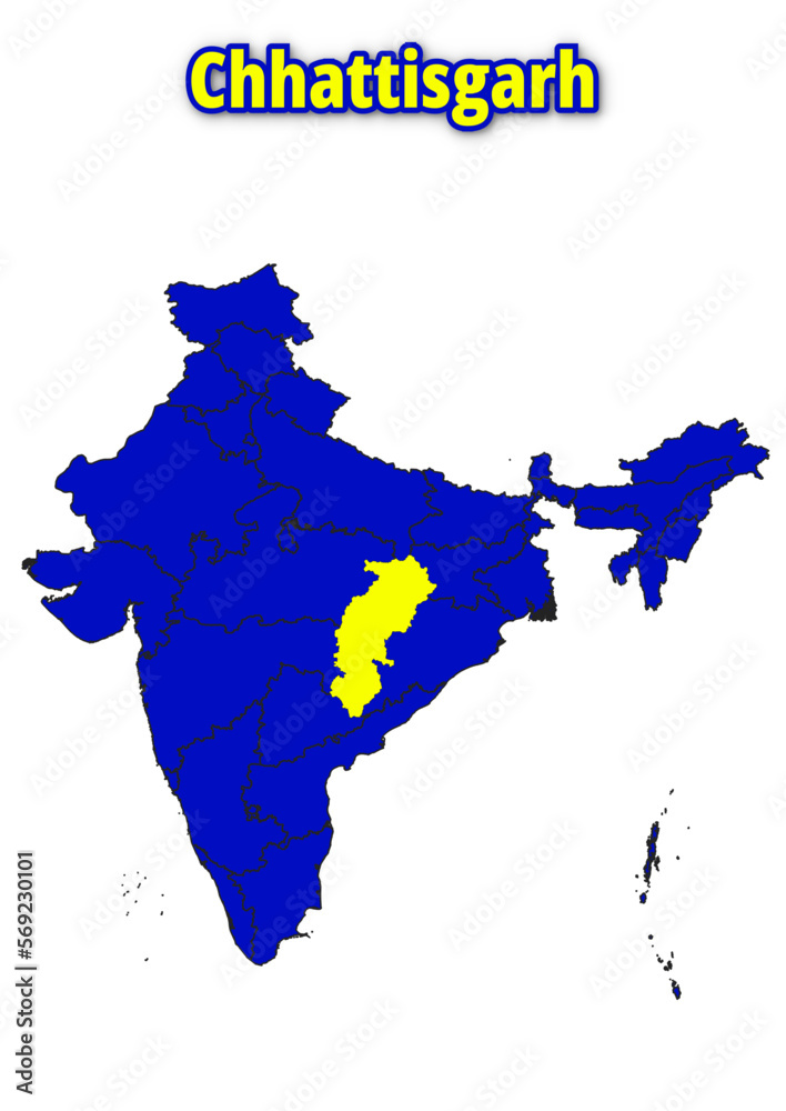 Detailed illustration map of India, continent Asia with Chhattisgarh State in yellow vector map