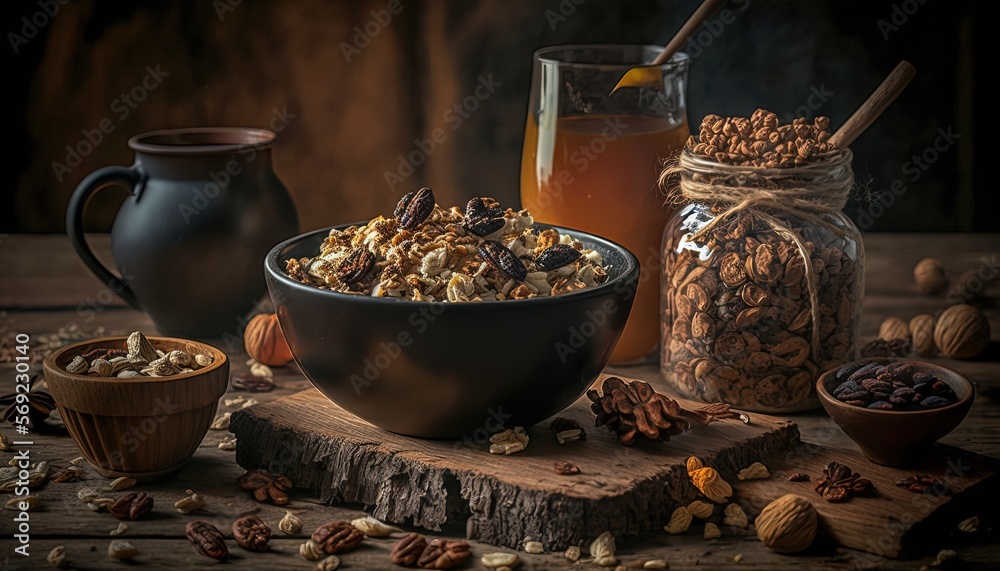 close up granola bowl full of nuts, grain and dry fruit, premium homemade dish, Generative Ai close up granola bowl full of nuts, grain and dry fruit, premium homemade dish, Generative Ai