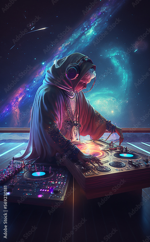 Cosmic DJ mixing on the brink of the universe, created using AI