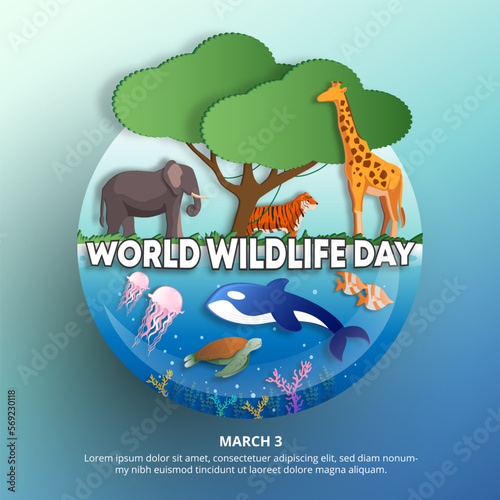 Square world wildlife day background with cutting paper wildlife