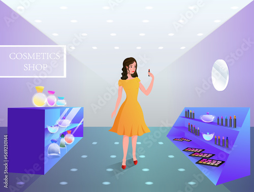 A girl is in the cosmetic shop trying to choose a product for her needs. 