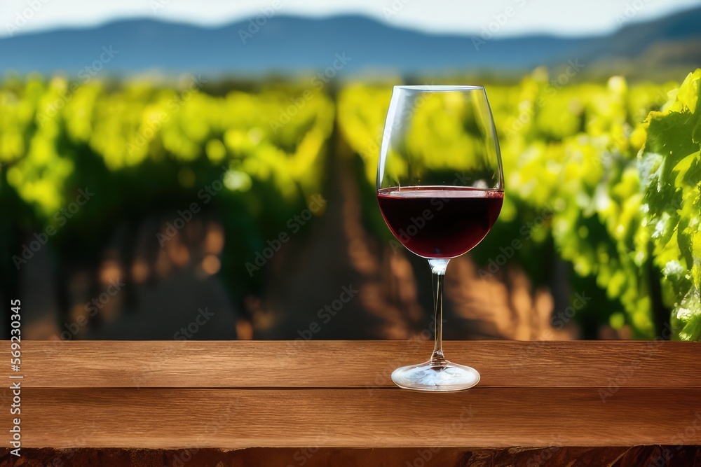 Elegant Wine Glass on a Rustic Wooden Table with a Stunning Wineyard Background - Perfect for Wine and Dining Inspired Designs