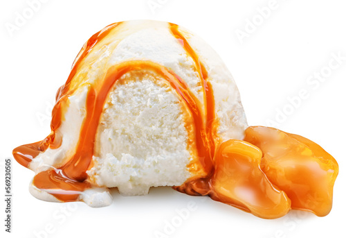 Vanilla ice cream with Melting caramel sauce isolated on white background