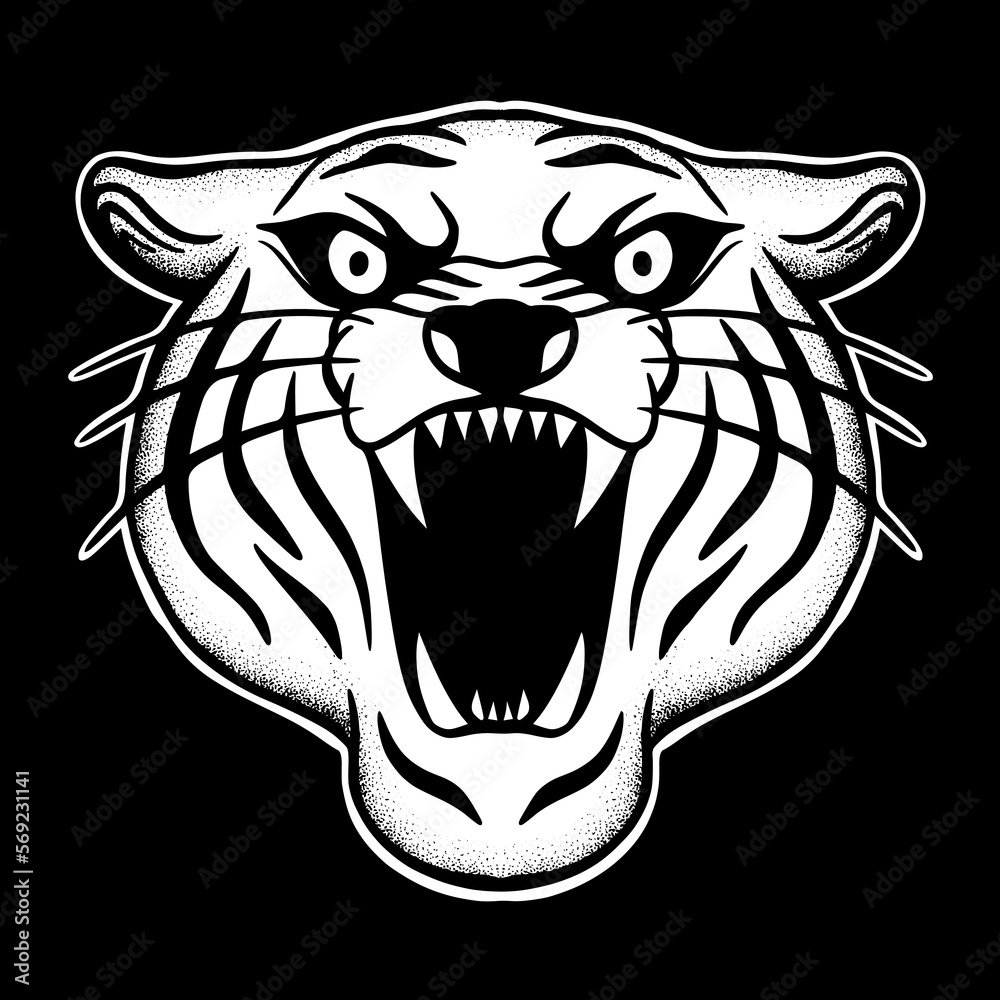 Tiger art Illustration hand drawn style black and white vector for tattoo, sticker, logo etc