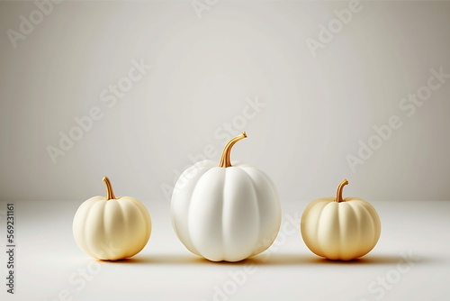 minimalist fall / autumn concept, card or background with three white pumpkins in a row on a white background, generative AI