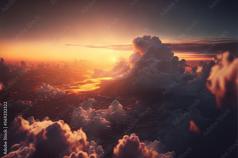 the sun is setting over the clouds in the sky over the ocean of water and land, as seen from a plane window, with a view of the clouds and the sun. generative ai the sun is setting over the clouds in the sky over the ocean of water and land, as seen from a plane window, with a view of the clouds and the sun. generative ai