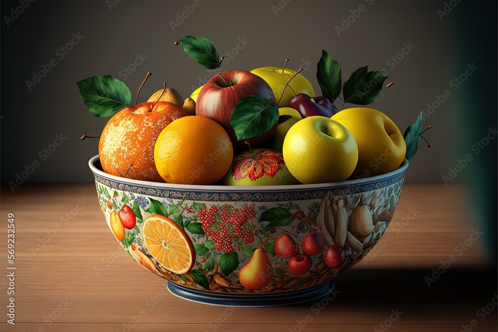 a painting of a bowl of fruit on a wooden table with leaves and fruit on the top of the bowl and on the bottom of the bowl are oranges, apples, pears, oranges, apples, oranges, and. generative ai a painting of a bowl of fruit on a wooden table with leaves and fruit on the top of the bowl and on the bottom of the bowl are oranges, apples, pears, oranges, apples, oranges, and. generative ai