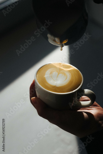 Milk is poured from a pitcher into a white ceramic cup with coffee on a sunny background. Preparation of cappuccino. Latte art.