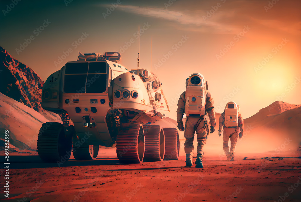 Hi Tech Rover Mars Astronaut walking in space suit on Mars surface during exploration ...