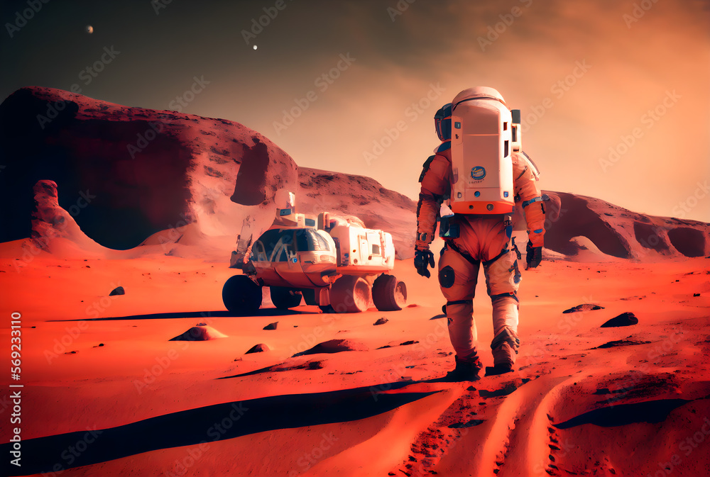Hi Tech Rover Mars Astronaut walking in space suit on Mars surface during exploration ...