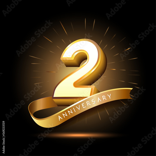 2nd anniversary with 3d number and ribbon shiny gold design