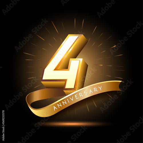 4th anniversary with 3d number and ribbon shiny gold design