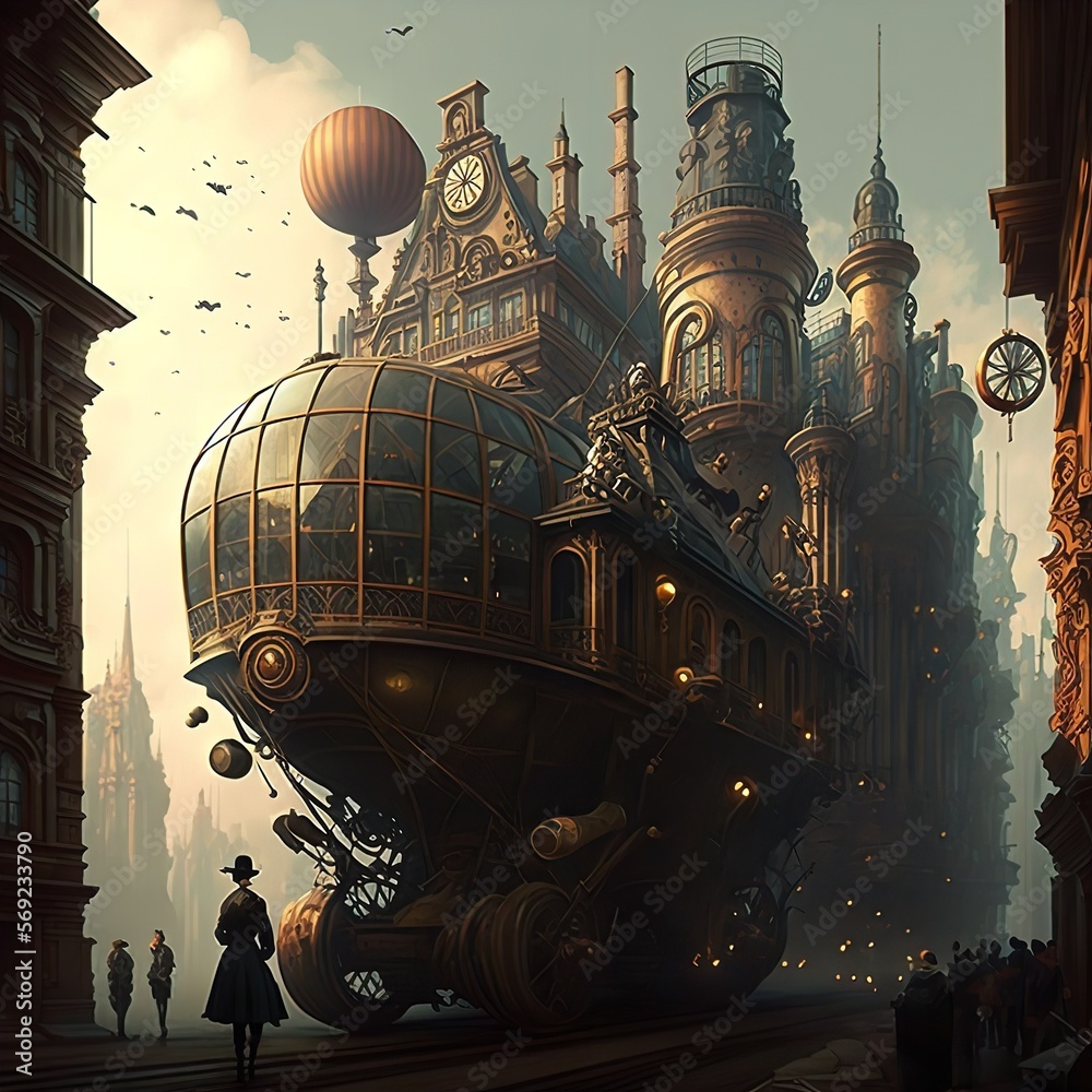 Illuminated Buildings The Art Of Steampunk Cityscapes Stock ...