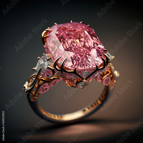 Gold delicate ring with pink diamond. AI Generative