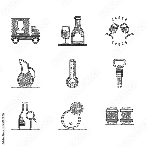 Set Meteorology thermometer, Wooden barrel for wine, Bottle opener, of, Decanter, Wine tasting, degustation and truck icon. Vector