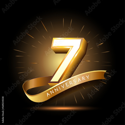 7th anniversary with 3d number and ribbon shiny gold design