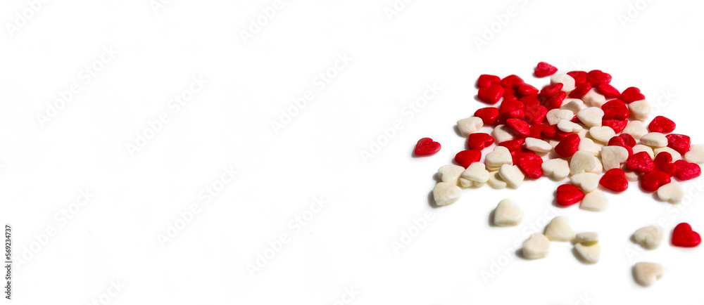 Banner of many small white and red hearts on a white isolated background. The concept of love and romance. Romantic background composition. Valentine's Day