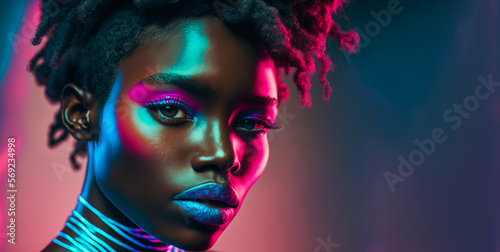 Abstract art. Colorful painting art portrait of young afro fashionable woman. Background illustration. Generative AI.