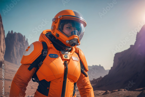 Astronaut in orange spacesuit and helmet on another planet Mars. Generative AI