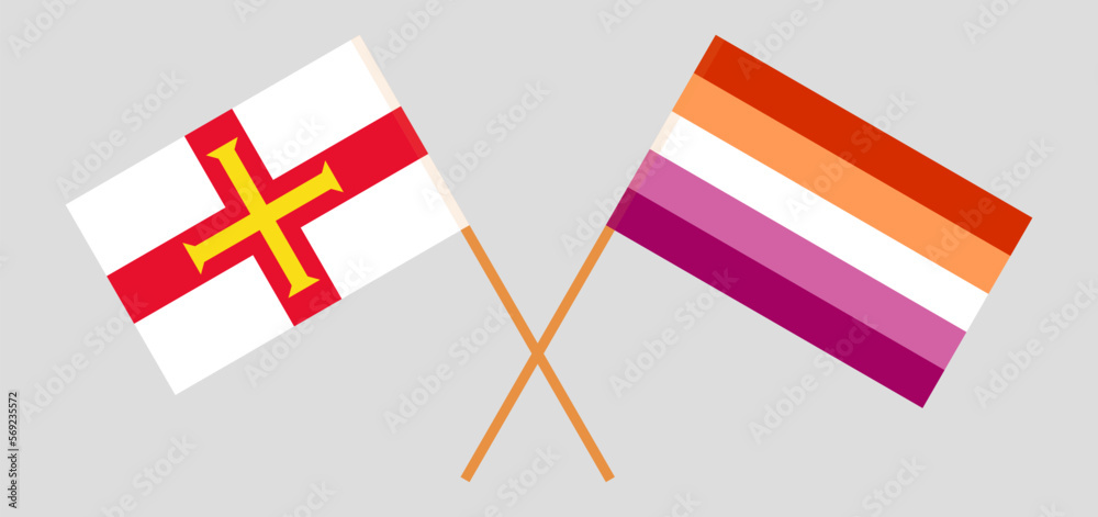 Crossed flags of Bailiwick of Guernsey and Lesbian Pride. Official colors. Correct proportion