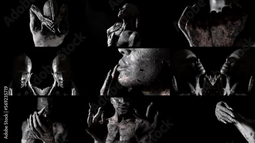 collage of a creepy woman with clay on her skin in the dark like a demon in a terrible dream frightening dance