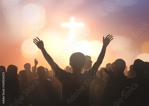 Christian worship God together in Church hall in front of music stage