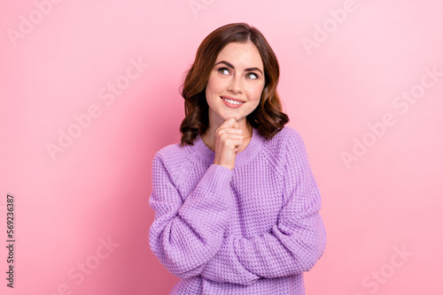 Photo of adorable lady wear stylish violet clothes interested look empty space nice offer proposition isolated on pink color background © deagreez