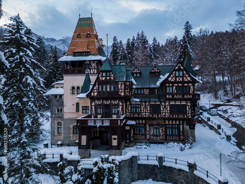 Aerial view of Pelisor castle in winter. Sinaia, Romania. photo