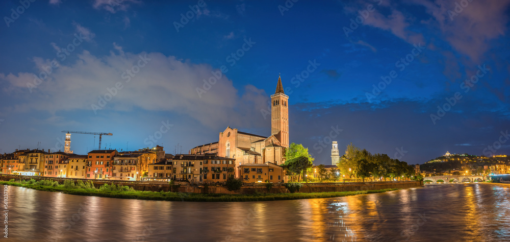 Verona Italy, panorama night city skyline at Adige river and Basilica di Santa Anastasia
