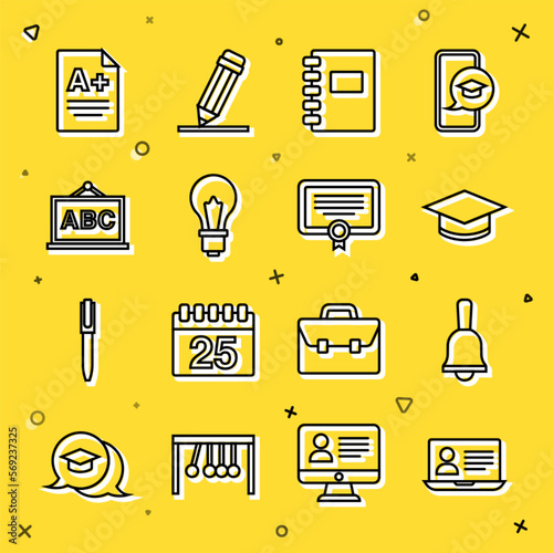 Set line Online class, Ringing bell, Graduation cap, Spiral notebook, Light bulb with idea, Chalkboard, Exam sheet A plus grade and Certificate template icon. Vector photo