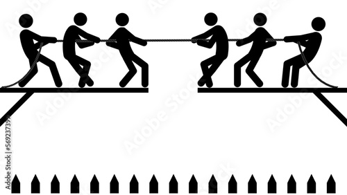 Set of stick figures tug of war, flat vector illustration.